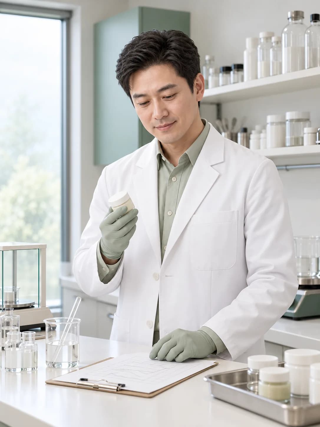 專業人員在實驗室檢視樣品與紀錄（示意圖）