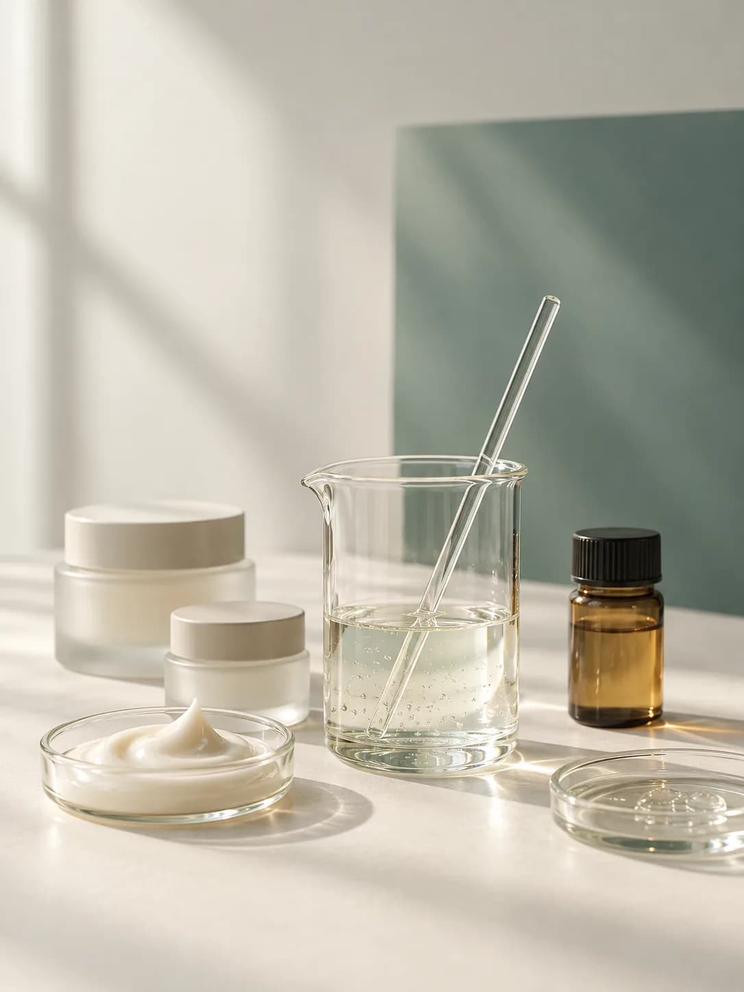 燒杯、乳霜樣品與玻璃器具放在實驗檯上